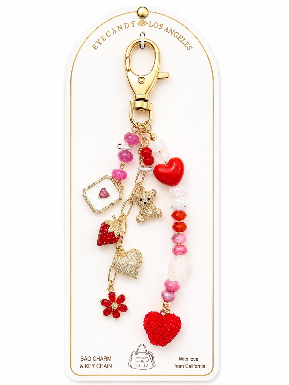 eye candy Gold-Tone Red & Pink Beaded Charm Keychain with Hearts